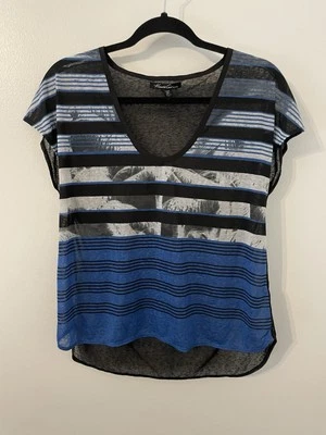 Kenneth Cole Women’s Medium Sleeveless Blouse Black Blue Gray Stripe Shirt - Image 1 of 4