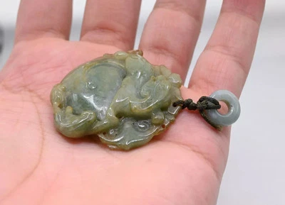 1900s Antique Chinese Hand Carved Natural Jade Pendant With Carved Dragon & Ruyi - Image 1 of 4