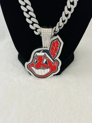 CLEVELAND INDIAN NECKLACE Silve Bling Baseball Pendant /24" Cuban Chain, US SHIP - Image 1 of 2