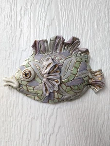 Vicki Sullivan Astoria Ceramic Fish Pottery Wall Hanging Art Purple Green - Picture 1 of 7