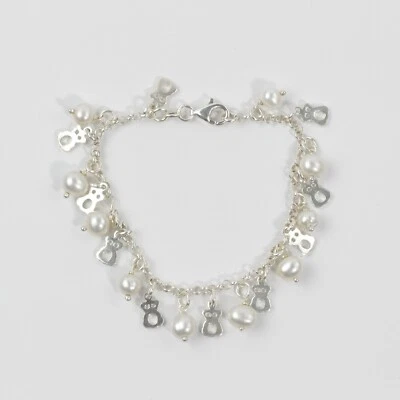 ADORÁVEL PULSEIRA DE CORRENTE ROLO PÉROLAS BRANCAS ESTERLINAS E PENDURADOS DE PELÚCIA ESTILIZADOS 7,5" - Imagem 1 de 4