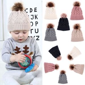 Infant Baby Fur Pom Chunky Warm Knit Hat Beanie Cap Ski Hats Crochet Knit