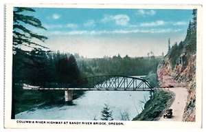Cartolina d'epoca bordo bianco Oregon O. Sandy River Bridge Columbia River Hwy UNP - Foto 1 di 2