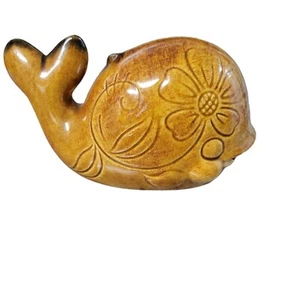 Mid Century Modern Whale Brown Flower Design Tail Up Ceramic Figure  - Picture 1 of 6
