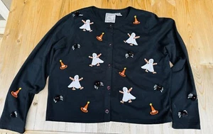 Vintage Michael Simon 1990s Y2K Lite Halloween Cardigan Ghosts Witch Spiders - Picture 1 of 8