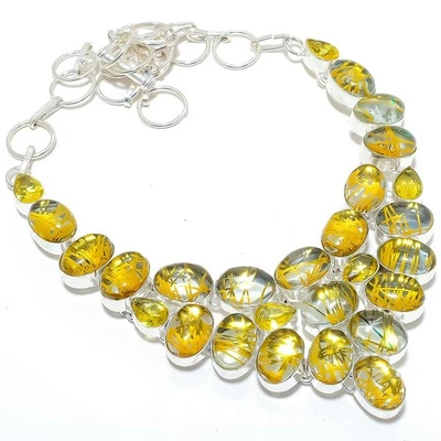 Dorato Rutilo Quarzo Gemma Fatto a Mano 925 Argento Sterling Gioielli Collana - Immagine 1 di 4