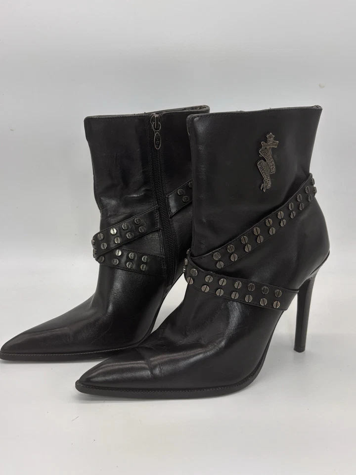 Botas Harley Davidson de cuero negro con correa Desiree para mujer talla 7,5 tacón de aguja Foto 1 de 4