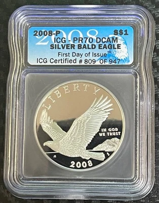 2008 P $1 Silver Bald Eagle ICG PR70 DCAM, First Day of Issue STUNNING - Image 1 of 2