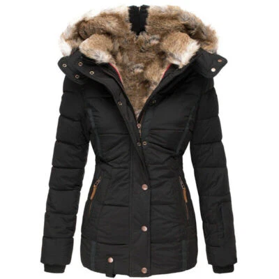 Womens Designer Winter Warm Parker Quilted Coat Fur Thick Hoodie Zip Up Jacket - Image 1 of 4