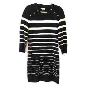 Calvin Klein Sweater Dress Womens Large Black White Stripe Ribbed - Picture 1 of 6