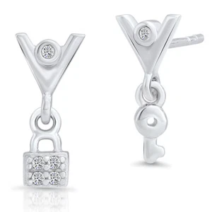 Sterling Silver Cubic Zirconia Lock and Key Dangle Drop Stud Earrings - Picture 1 of 5