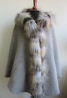 Women's New Alpaca Wool Shawl Cape With  Hood & Fox Fur Trim Gray