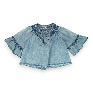 Free People Ainsley Acid Washed Denim Top gesmoktes Swing Bauernhemd Gr. XS - Bild 1 von 8