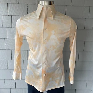 70s Vintage Creamsicle Toile Disco Dream Dagger Collar Poly Mens Shirt Size M - Picture 1 of 6