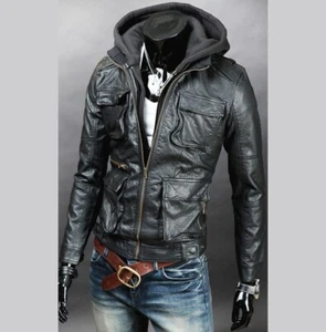 Men Detachable Fabric Hooded Leather Jacket, Biker Leather Jacket Mens - Picture 1 of 3