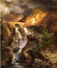 Art sans encadrement peinture à l'huile Thomas Moran - Cascade ruisseau d'eau traversant les collines