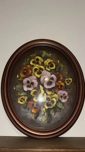 Quadro olio floreale natura morta vintage pansies cornice ovale vetro bollato convesso - Foto 1 di 9