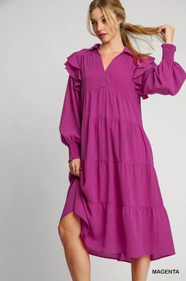 Umgee Magenta Maxi Tiered Dress with Ruffle Shoulders and Long Sleeves - Image 1 of 3