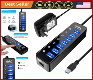 7-Port USB 3.0 Hub Splitter w/ Smart Charge, On/Off Switches, Power Adapter - Picture 1 of 8