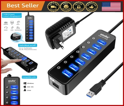 7-Port USB 3.0 Hub Splitter w/ Smart Charge, On/Off Switches, Power Adapter - Image 1 of 4