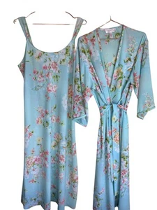 Oscar de La Renta Long Robe & Nightgown Set Blue Floral Size Medium 90’s Vtg - Picture 1 of 19