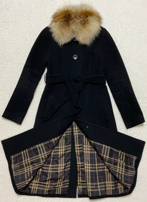 Abrigo de lana para mujer Burberry Blue Label con piel de zorro negro talla 38 envío rápido Foto 1 de 4