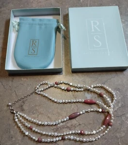 ROSS SIMONS 3 Strand Fresh Pearls/Rhodonite 925 Sterling Silver Clasp Necklace - Picture 1 of 5