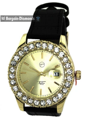 Reloj calendario de clubes tono dorado para hombre bisel de circonita cúbica dorado correa negra 7,75"-9" muñeca Foto 1 de 4
