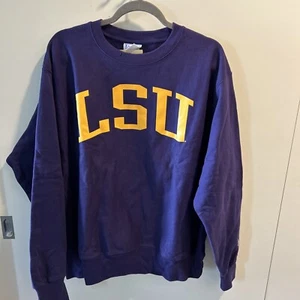 LSU Tigers Champion Reverse Weave Sweatshirt Men Medium Purple Crewneck Spellout - Picture 1 of 4