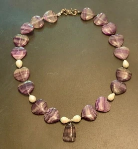 Necklace Fluorite Large Rainbow Heart & Pearl Boho 22 ins - Picture 1 of 12