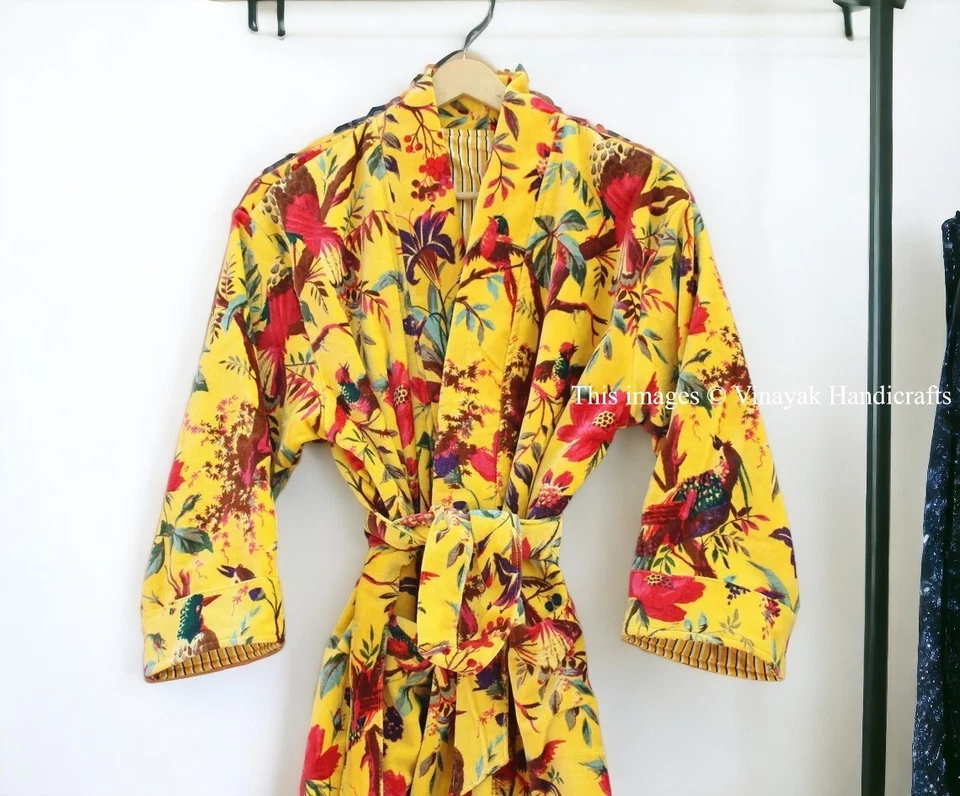 Abrigo Chaqueta Lujosa Terciopelo Flecos Kimono Amarillo Pájaro Estampado Kimono Chaqueta Larga Foto 1 de 4