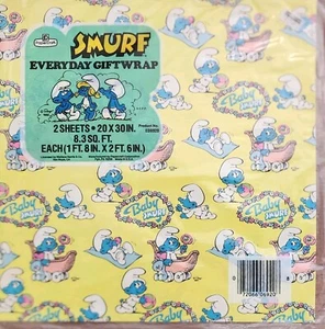 Vintage Baby Smurf Everyday 1982 GiftWrap 2 Sheets 20x30" Papercraft Collectible - Picture 1 of 2