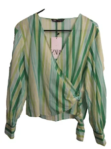 ZARA Green Striped V Neck Crop Top Long Sleeve Wrap Shirt NWT Size M - Picture 1 of 10