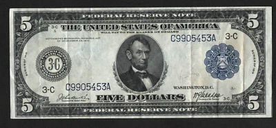 Series 1914 $5 Federal Reserve Note  Philadelphia Pa , XF / AU Condition - P522 - Image 1 of 2