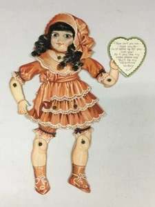 Vintage Papier gestanzte Valentinstag Grußkarte bewegliche Augen öffnen/schließen Puppe Mädchen - Bild 1 von 3