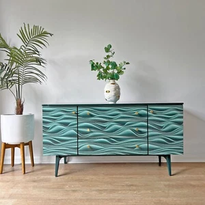 Mineral Green Vintage Mid-Century Meredew Sideboard with Unique 3D Decoupage - Picture 1 of 7