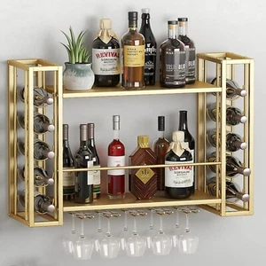 Wall Mounted Wine Rack, Hanging Floating Bar Liquor Shelves with Glass Holder... - Picture 1 of 6