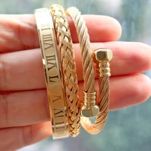 18k Gold Filled Over Silver Womens 7" Size Roman Number Bracelet Bangle D989 - Picture 1 of 5