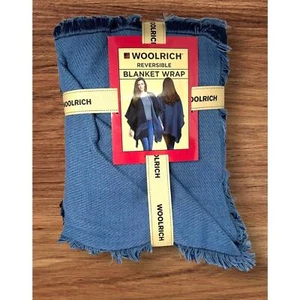 Woolrich Reversible Blanket Shawl Wrap Tonal Blue Stripe Poncho Cape Cloak - Picture 1 of 3