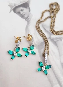 Vtg Emerald & Diamond 10k Yellow Gold Butterfly Earrings & Pendant Necklace 18" - Picture 1 of 7
