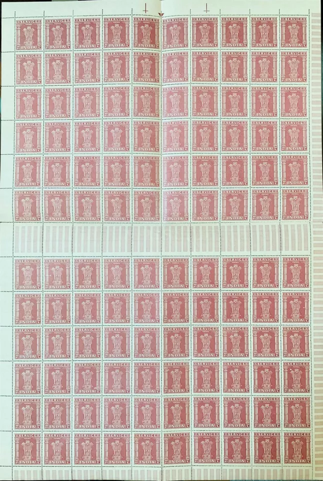 INDIA 1958-71, 10Rs. BROWN MNH GUTTER IN BETWEEN COMPLETE SHEET OF 120 STAMPS. - Image 1 of 1
