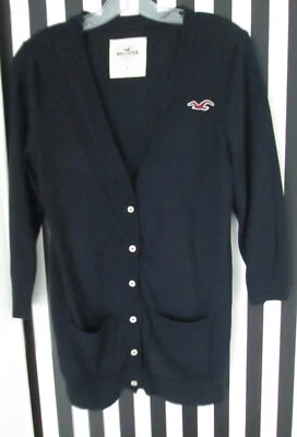 VINTAGE Y2K HOLLISTER NAVY BLUE LONG BUTTON DOWN CARDIGAN SWEATER W/POCKETS SZ L - Image 1 of 4