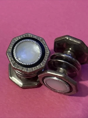 Gemelos Art Deco Negro Tono Plata 'Snap Link' MOP Perla Shell Dos Caras Retro Foto 1 de 4