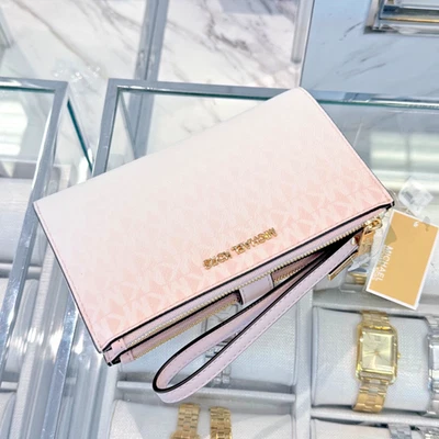 Michael Kors Jet Set Travel Double Zip Wristlet Wallet MK Logo Powder Blush - Image 1 of 4