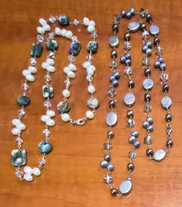 Lote 2 - Collar de 27" concha de abulón de cristal de perlas de agua dulce de plata de ley 925 - Imagen 1 de 12