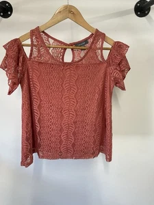 Primark Size 12 Coral Short Cold Shoulder Sleeve Lace Chiffon Blouse C556 - Picture 1 of 7