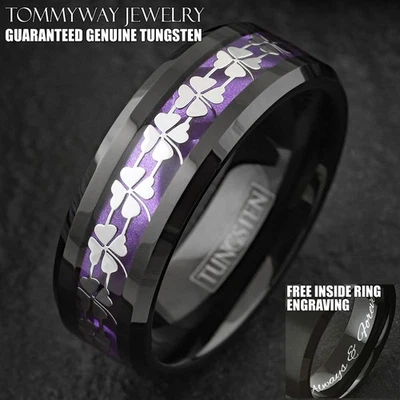 Custom Engraved Black Tungsten Carbide Lucky 4-Leaf Clover Purple Band Ring - Image 1 of 4