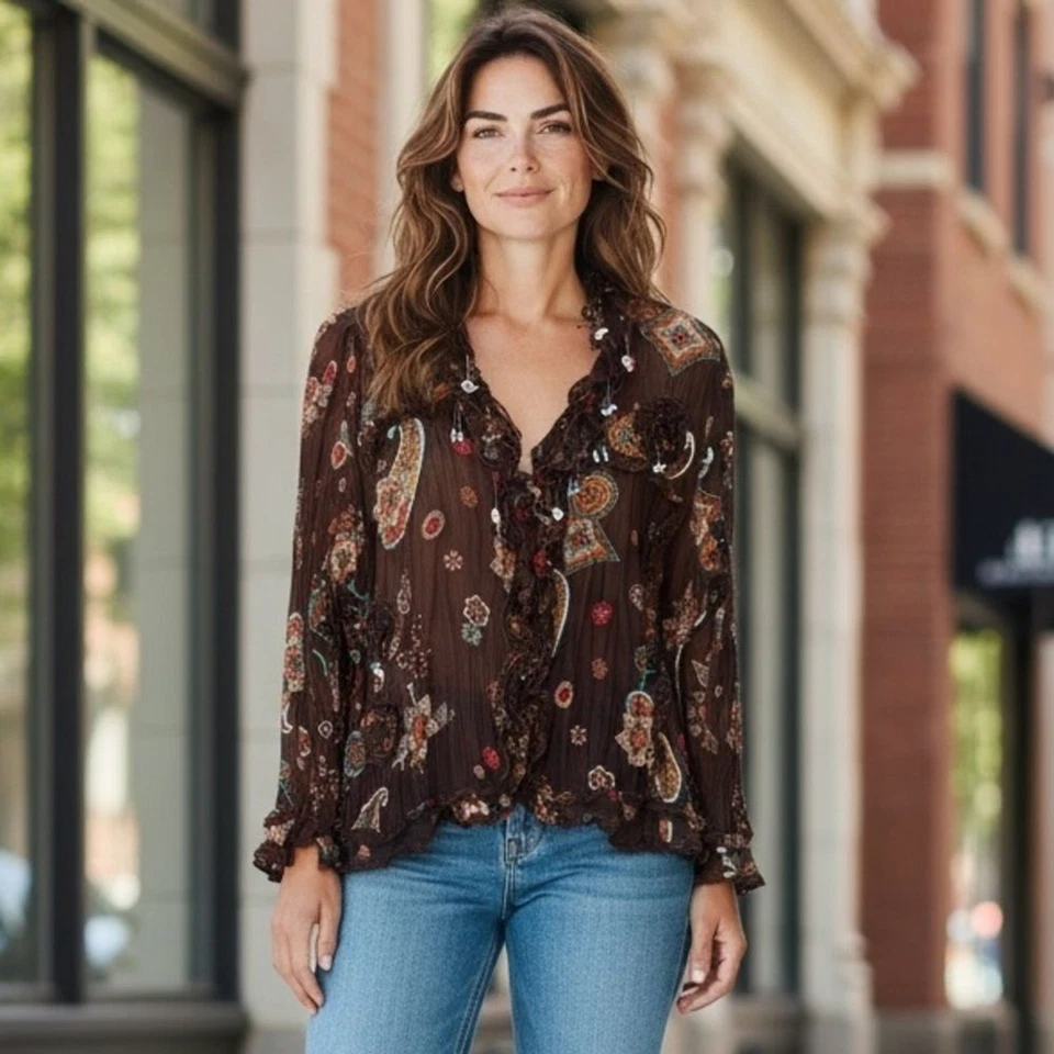 Top boho Essentials by Milano para mujer Y2K Fairy Paisley con cuentas talla XL abotonada Foto 1 de 4