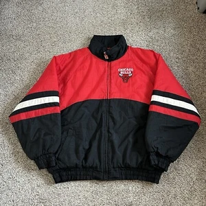 Vintage Logo 7 NBA Chicago Bulls Puffer Jacket Mens XL Black RedEmbroidered 90s - Picture 1 of 5