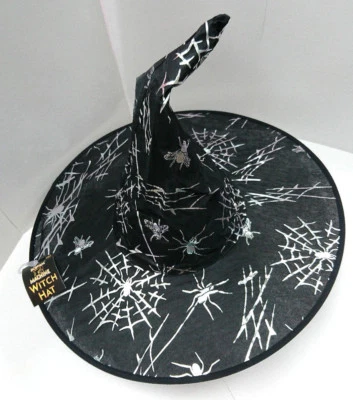 Silver Spider Halloween Cob Web Witch Hat Tall Black Wide Poly Scream Machine  - Image 1 of 4